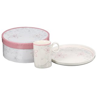 2 tlg. Geschenkset Glücksmomente Porzellan . weiß / rosa / grau bestehend aus Tasse (H. 10 / Ø 7 cm)und Teller (H. 1,8 / Ø 20,5 cm) Füllmenge Tasse (330 ccm) in dekorativer Geschenkbox GILDE