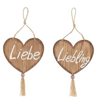 Holz Herz "Liebling" zum Hängen, 2 Motive, L11,5cm, H16cm, natur